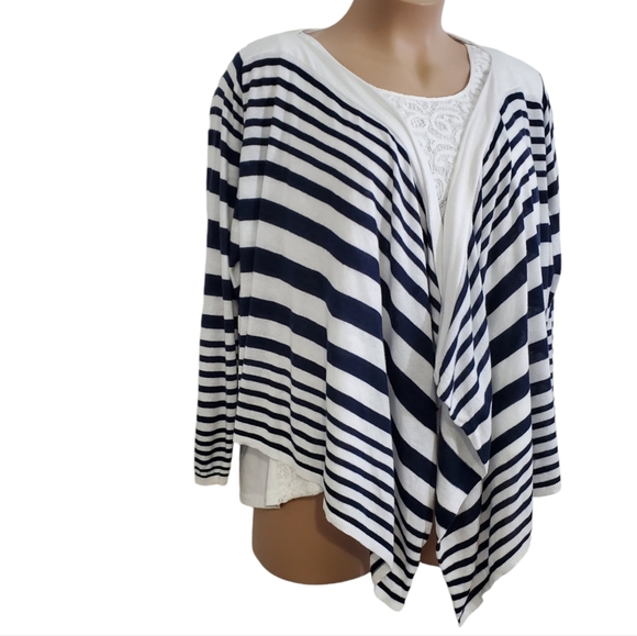Avenue Open Front Cardigan Sweater Sz 26/28 Blue & White Stripes ~ Pre-Owned - Picture 2 of 11